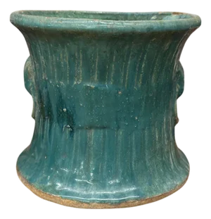 Green and Teal Glazed Planter with Drum Style Form