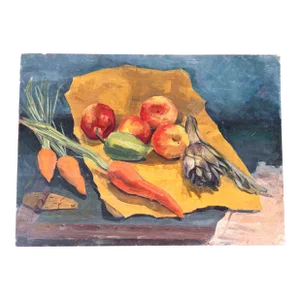 1950s Vintage Original Folk Art Painting Still Life Oil Masonite Patricia Tool