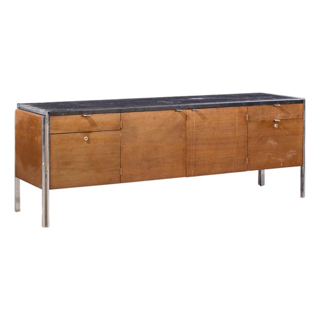 Stow & Davis Mid Century Walnut, Leather and Chrome Credenza For Sale