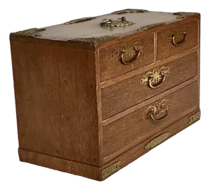 Vintage Japanese Wood Tansu Jewelry Chest With Brass Hardware, Circa 50s