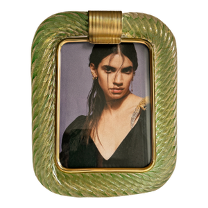 Mid-Century Modern Style Green "Torchon" Murano Small Glass Picture Frame and Brass in Barovier Style