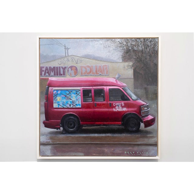 This oil painting depicts a vibrant red ice cream van parked in front of a Family Dollar store, capturing a moment of...