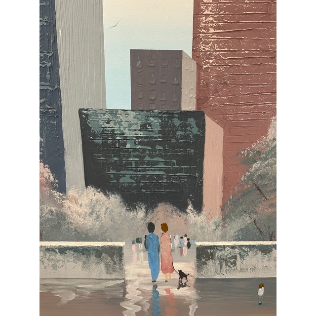 A 1980's urban park scene oil painting signed by Eve Lynn. The large painting depicts a cityscape viewed from the...