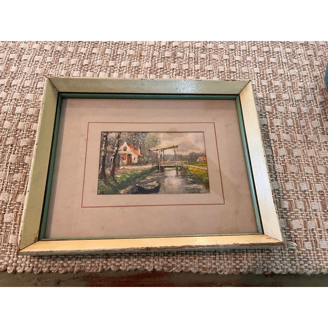 Rustic European Vintage Mid-Century European Canal Landscape Painting With Bridge & Cottage, Framed For Sale - Image 3 of 8