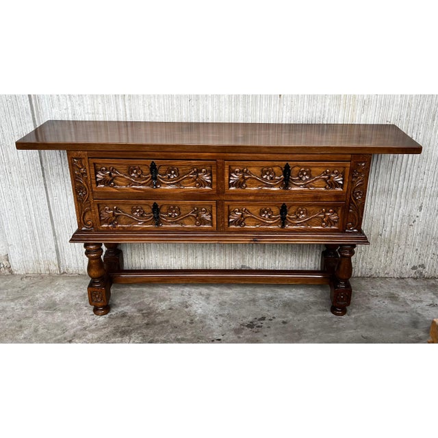 Early 20th Century Spanish Console Chest Table with Four Carved Drawers and Original Hardware For Sale - Image 16 of 18