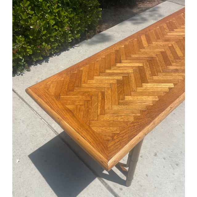 McGuire Authentic McGuire Vintage Rattan Console Table, Refinished Herringbone Wood Top For Sale - Image 4 of 9
