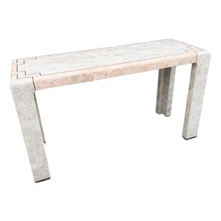 Postmodern Pink and Beige Polished Tessellated Stone Console Table With Brass Inlay For Sale