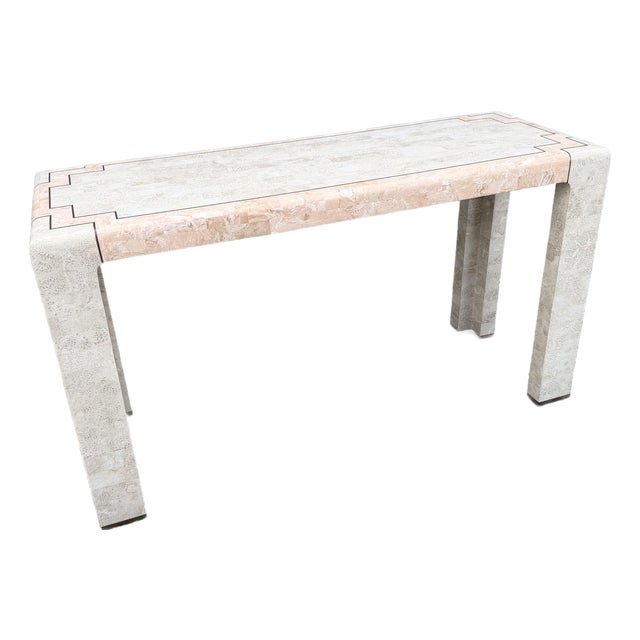 Postmodern Pink and Beige Polished Tessellated Stone Console Table With Brass Inlay For Sale