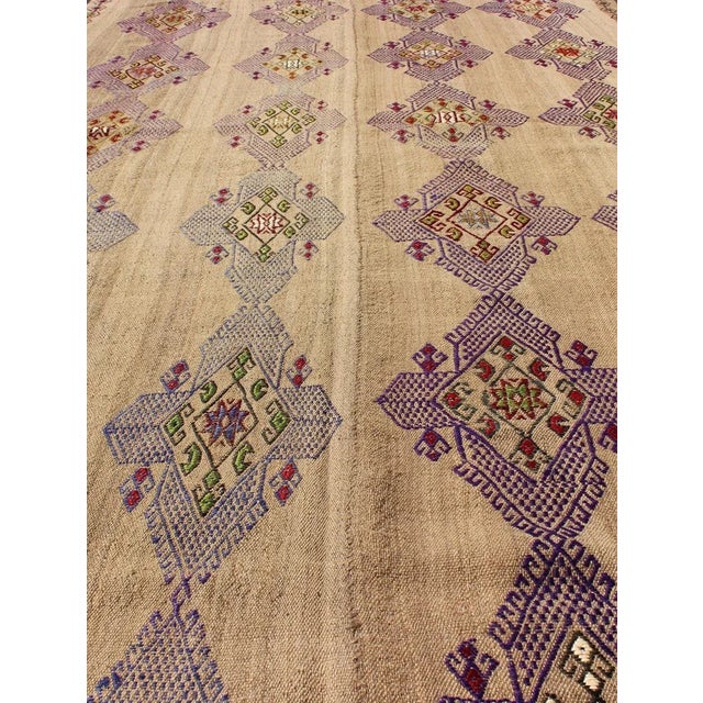 Textile Kilim Rug With Embroidered Purple Diamonds and Star Border For Sale - Image 7 of 13