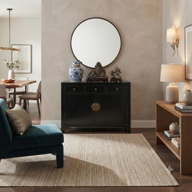 Wood Oriental Black Lacquer 3 Drawers MoonFace Console Credenza Sideboard For Sale - Image 7 of 15
