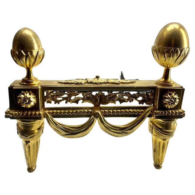 Pair Of Louis XVI Neoclassical Ormolu And Wrought Iron Andirons 19th century Pair of Louis XVI gilt bronze and wrought...