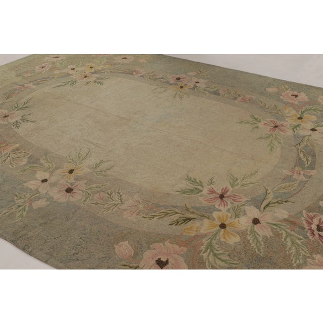 Traditional Antique Hooked Rug With Oval Medallion & Pastel Florals in Green - Rug & Kilim For Sale - Image 3 of 11