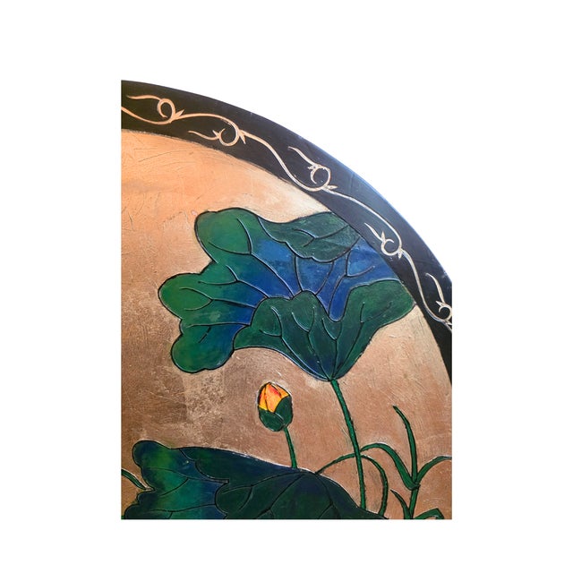 30" Hand-Painted Kingfisher & Lotus Flower Gold Leaf Lacquered Wall Plaque For Sale In Baton Rouge - Image 6 of 9