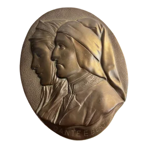 Antique Dante and Beatrice Bronzed Pewter Wall Plaque