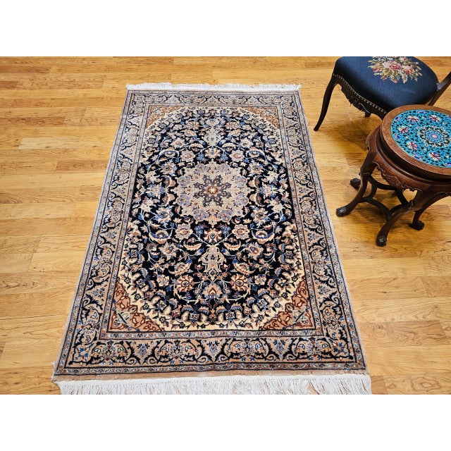 1900 - 1909 Vintage Persian Nain Area Rug, Hand-Knotted Wool & Silk, Floral Pattern, 4x6, Navy & Ivory For Sale - Image 5 of 18