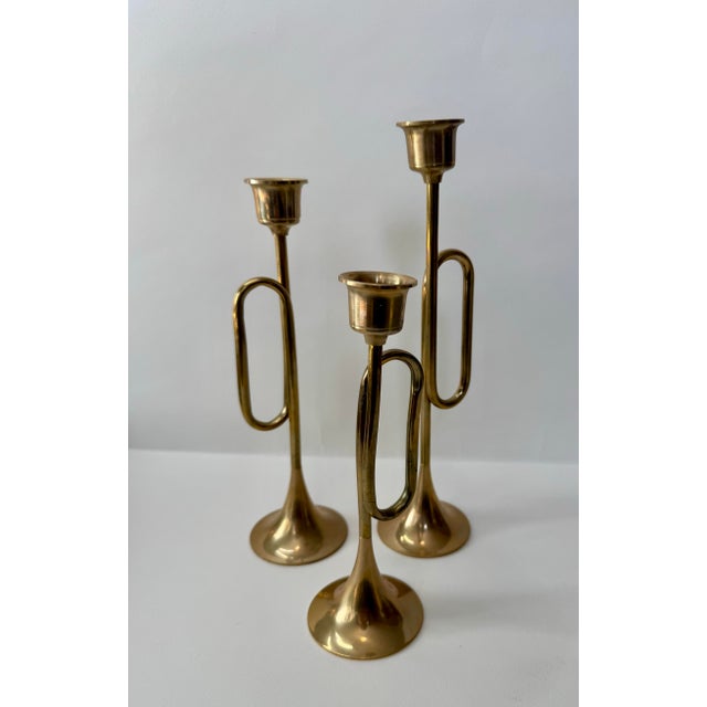 Vintage Brass Tabletop Collection: Trumpet & Reindeer Taper Holders - Set of 5 For Sale - Image 9 of 9