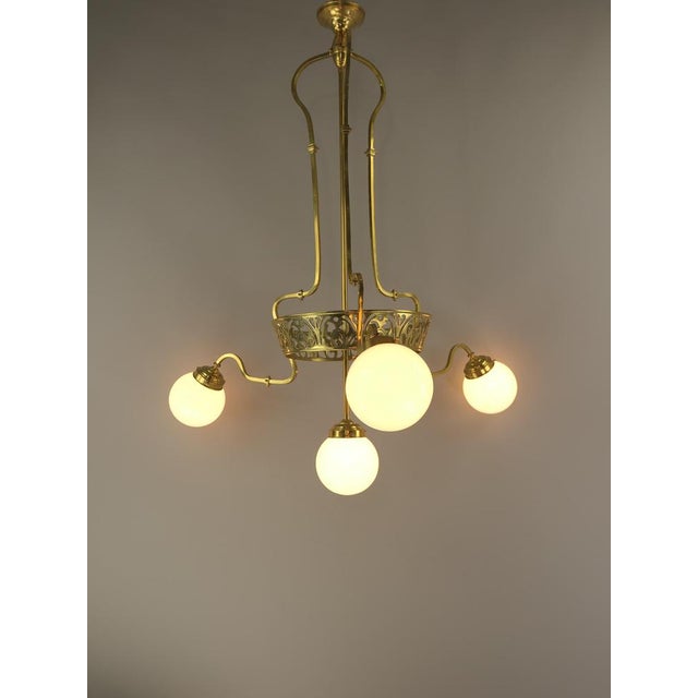 Art Nouveau Brass Chandelier with Four Light Sources from Bavaria, Germany, 1910s For Sale - Image 6 of 11