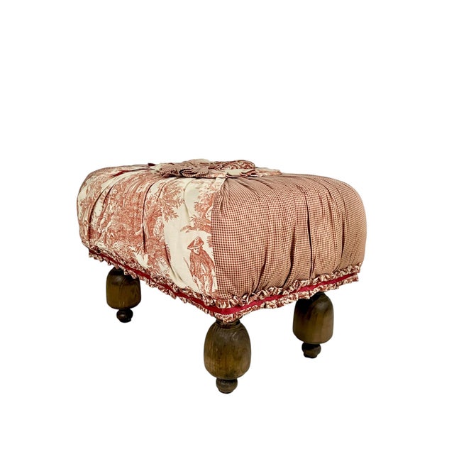 French Provincial Vintage French Provincial Style Red Toile Foot Stool in the Style of Mackenzie Childs For Sale - Image 3 of 13