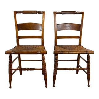 1890s Antique Arts & Crafts French Rush Seat Ladderback Chairs With Hand Turned Legs- a Pair For Sale