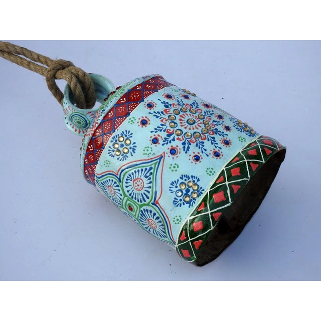 Folk Art 1990s Swiss Cow Bell Metal Decorative Emboss Hand Painted For Sale - Image 3 of 4