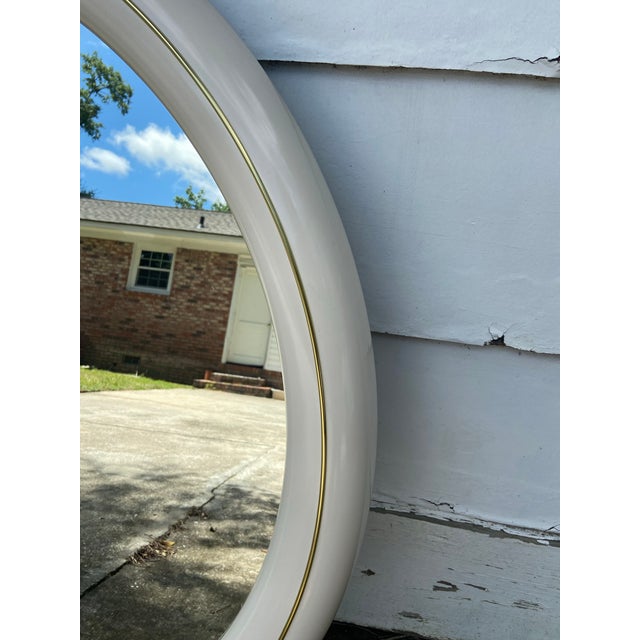 Plastic Post Modern Lane White & Gold Circular Vanity Bathroom Mirror, VTG Wall Hanging Mirror For Sale - Image 7 of 10