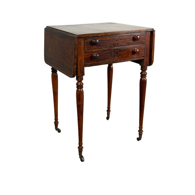 Traditional English Regency Rosewood Two-Drawer Drop-Leaf Work Table With Brass and Satinwood Inlay, Circa 1820–1840 For Sale - Image 3 of 11