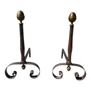 Antique Wrought Iron and Brass Andirons-a Pair For Sale
