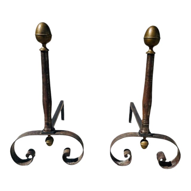 Antique Wrought Iron and Brass Andirons-a Pair For Sale