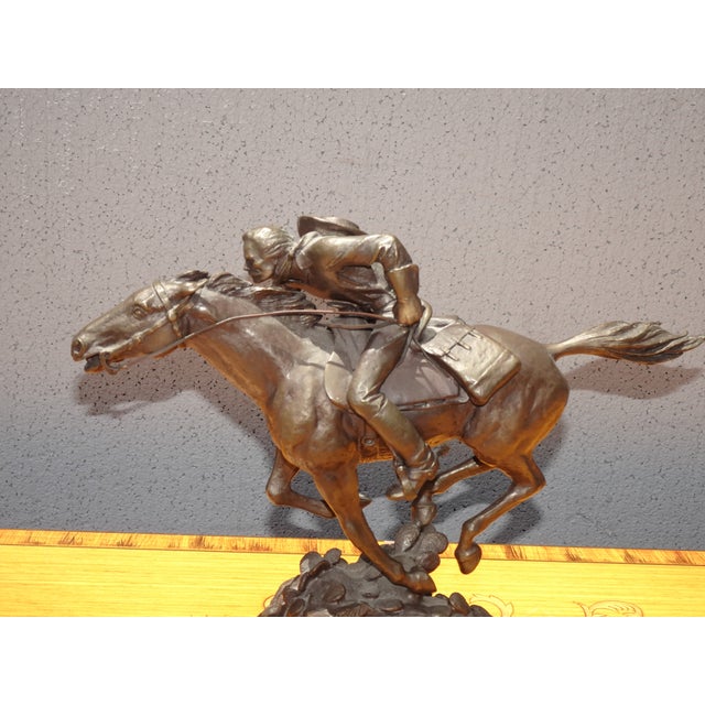 Figurative Lh21 Vintage Wells Fargo Bronze Statue "Lightning Line Rider Cowboy Gallop Horse For Sale - Image 3 of 12