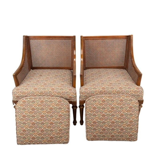 1960s Hollywood Regency French Style Caned Bergere Chairs With Flamestitch Fabric - A Pair For Sale - Image 4 of 10