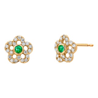 Emerald Pave Diamonds 1.50 Carat Floral 14 Karat Yellow Gold Earrings, A Pair For Sale