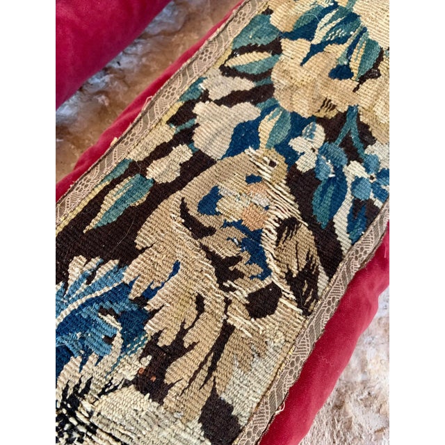 Late 18th Century Antique 18th Century European Verdure Tapestry Fragment Velvet Pillows With Bullion Fringe- A Matching Pair For Sale - Image 5 of 10