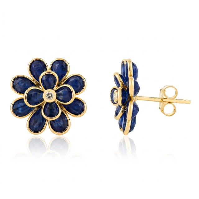 Contemporary 18k Yellow Gold Deep Blue Sapphire Floral CLuster Earrings With Diamonds- A Pair For Sale - Image 3 of 9