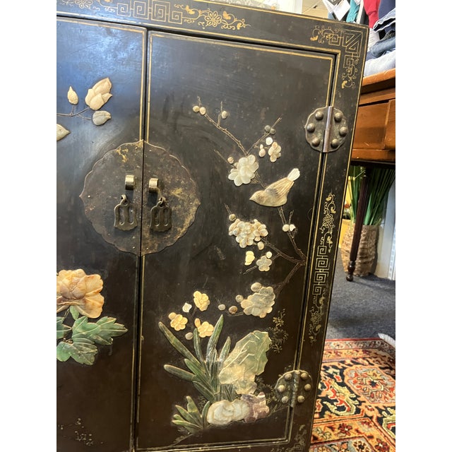 1930s Antique Chinese Black Lacquer Cabinet W Jade Inlay of Bird & Floral Motif For Sale - Image 5 of 17