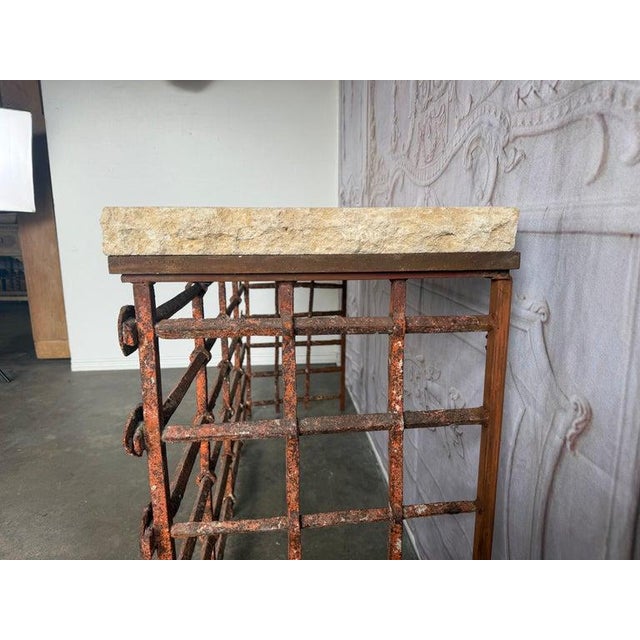 Rustic Console Table With Textured Stone Top and Hand-Forged Iron Base For Sale In Los Angeles - Image 6 of 18