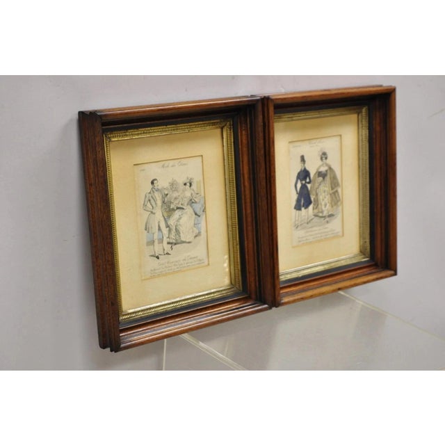 French 1830s Victorian Lithograph Print Couple Fashion Gown in Frames - A Pair For Sale - Image 4 of 12