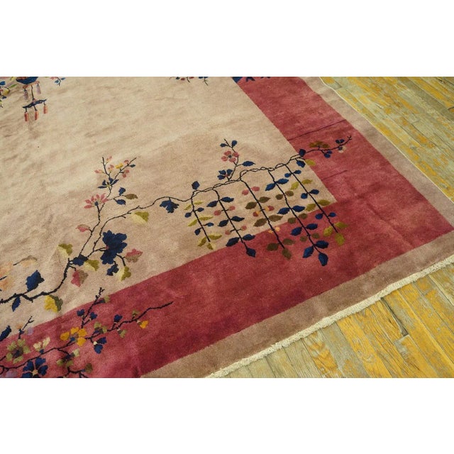 1920s Tan Ecru Flowers Spray Modern Antique Chinese Art Deco Carpet 8' 11'' X 11' 7" Woven Wool Rug For Sale - Image 9 of 9