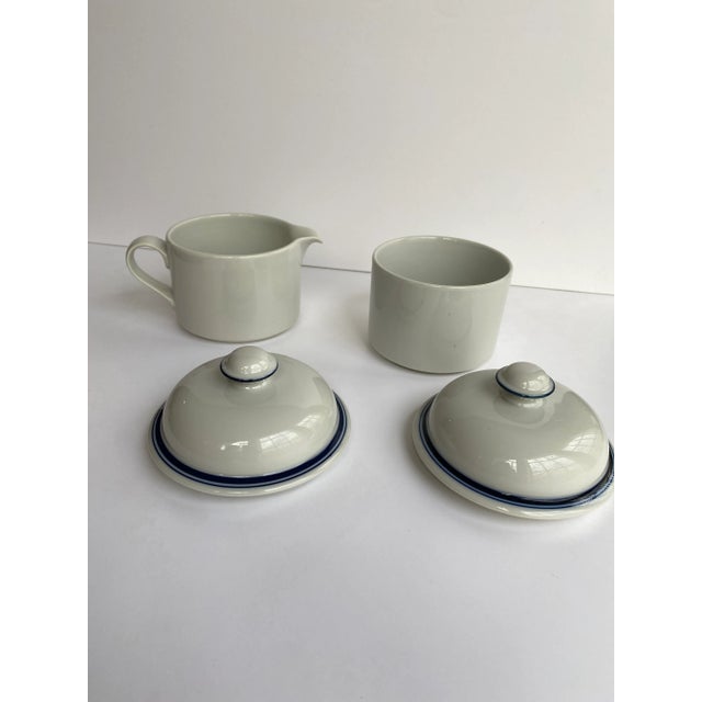 Mid-Century Modern Vintage Dansk International Design Bistro Christianshavn White With Blue Trim Cream & Sugar Bowl Set, Made in Japan- Set of 2 For Sale - Image 3 of 8