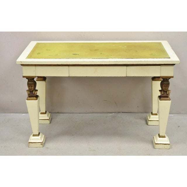Antique Egyptian Revival Empire Style Green Leather Top Figural 3 Drawer Desk Console Table. Item features carved wood...