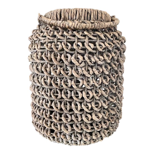 Woven Rattan Water Hyacinth Floor Lantern With Handle, Large For Sale