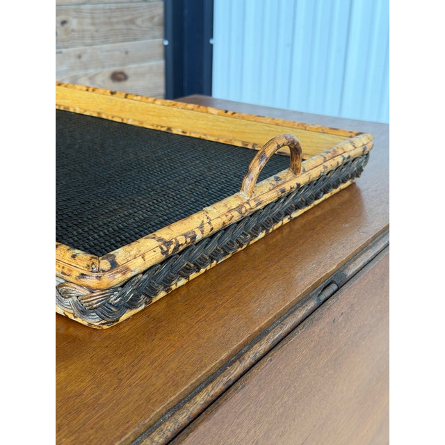 Wood Vintage Scorched Bamboo and Woven Rattan Serving Tray For Sale - Image 7 of 12