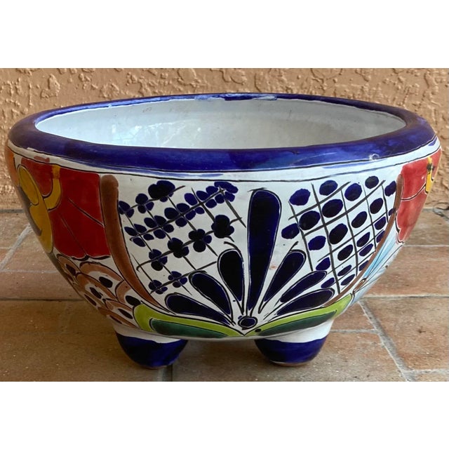 Colorful Mexican Pottery Planter With Feet For Sale - Image 4 of 10