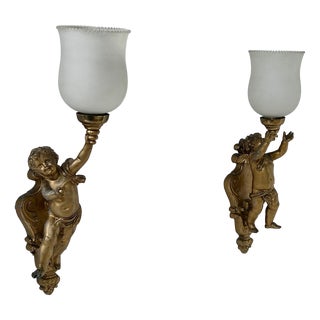 Vintage Wall Sconces in Gilt Metal and Opaline Glass, Italy, 1960s, Set of 2 For Sale