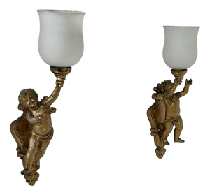 Vintage Wall Sconces in Gilt Metal and Opaline Glass, Italy, 1960s, Set of 2