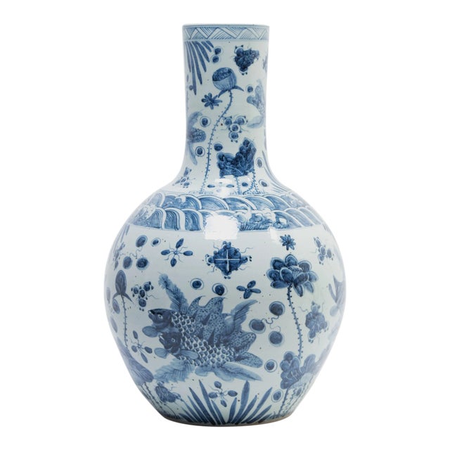 Monumental Chinese Blue and White Koi Bottleneck Jar For Sale