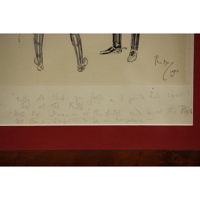 Classic c1902 pen & ink sketch depicting two smartly hunt- attired Brit 'chaps' discussing, 'You look as if you had sport...