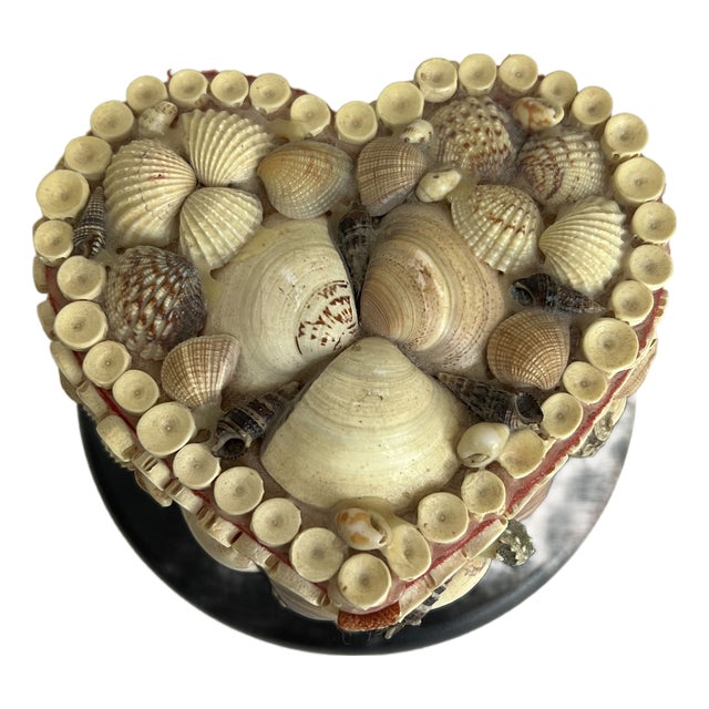 Vintage Seashell Heart Trinket Box | Red Velvet Lined Coastal Keepsake For Sale