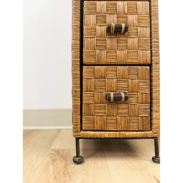 Wicker Parquetry Apothecary Narrow Four Drawer Chest Metal Base Coastal For Sale In Tampa - Image 6 of 10