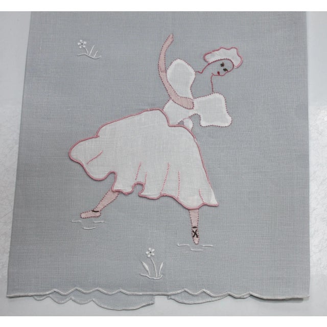 Offered for sale is a vintage fine linen hand towel appliqued with the figure of a dancing ballerina. Her skirt is three...