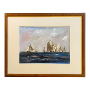 1990s "Uniting for the Regatta" Nautical Seascape Painting by Satori Gregorakis, Framed